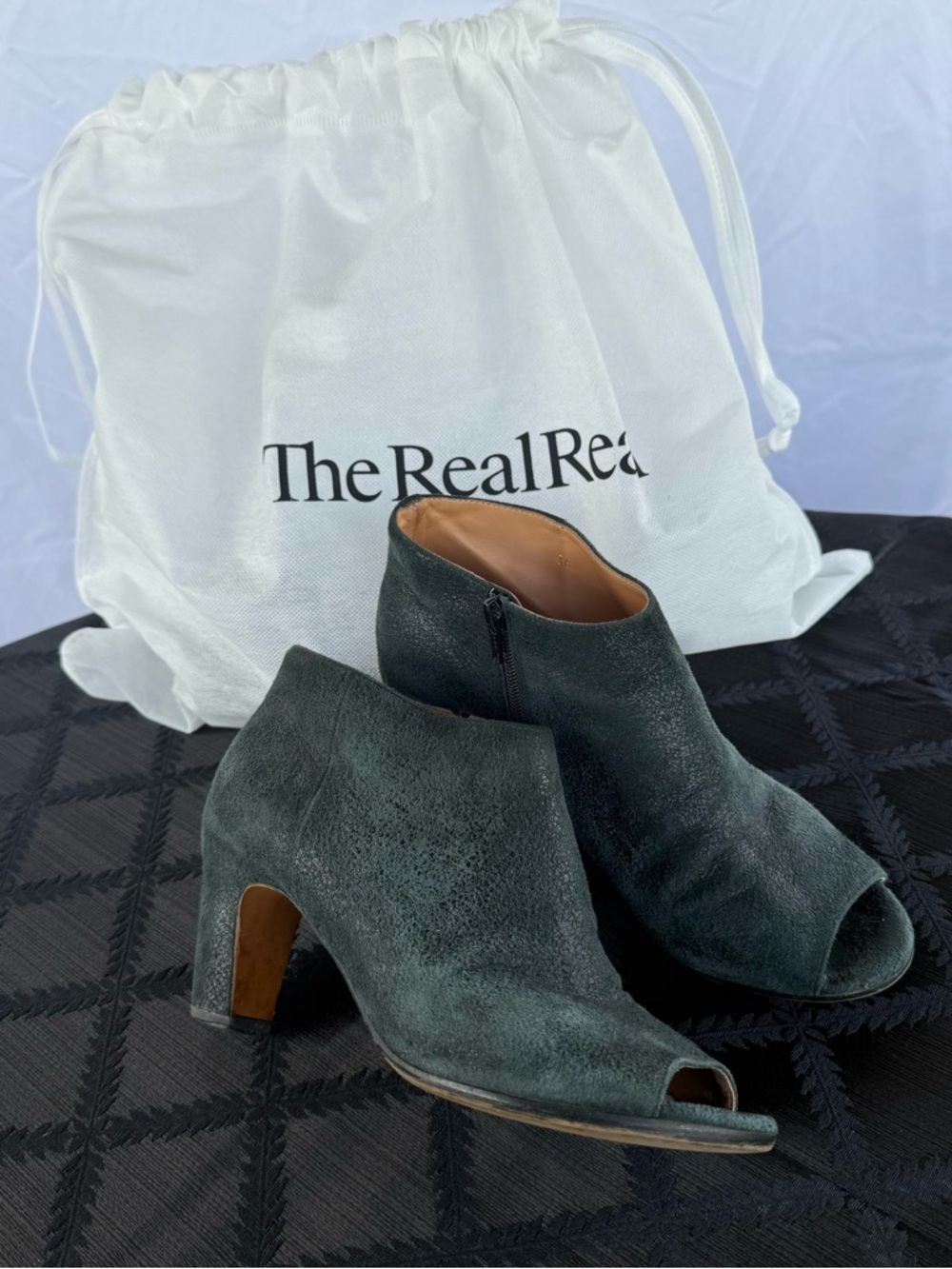 Maison Margiela cracked suede forest green open toe heel ankle boot shoes